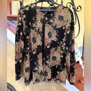 Dressbarn Woman Collection Floral Open Face Cardigan With Beaded Detail